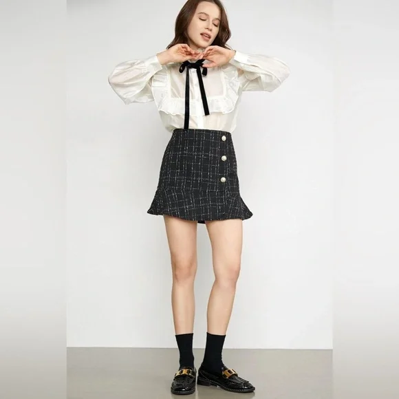 J.ING Othmar Black Tweed Ruffle Hem Mini Skirt Size L NWT - Picture 1 of 4